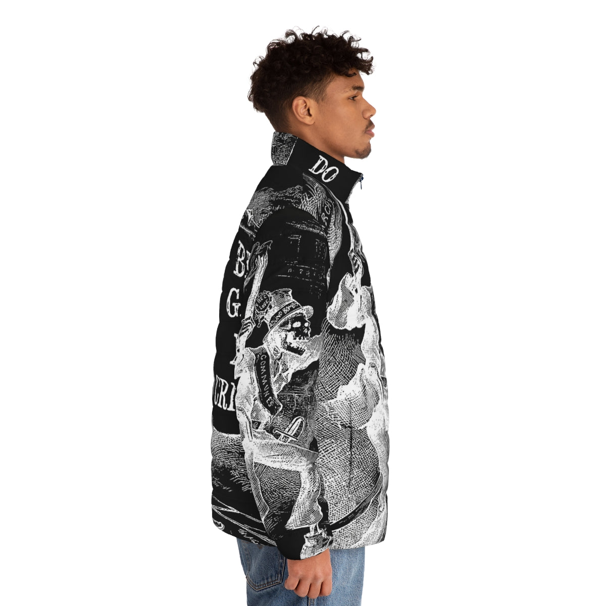 Black skeleton puffer jacket, a bold and edgy LGBTQ+ fashion statement - men side right