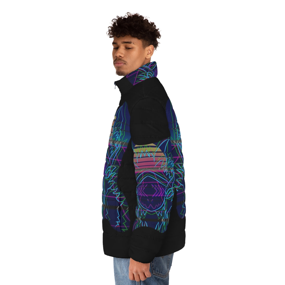 Retro DJ puffer jacket with protogen and cartoon designs - men side left