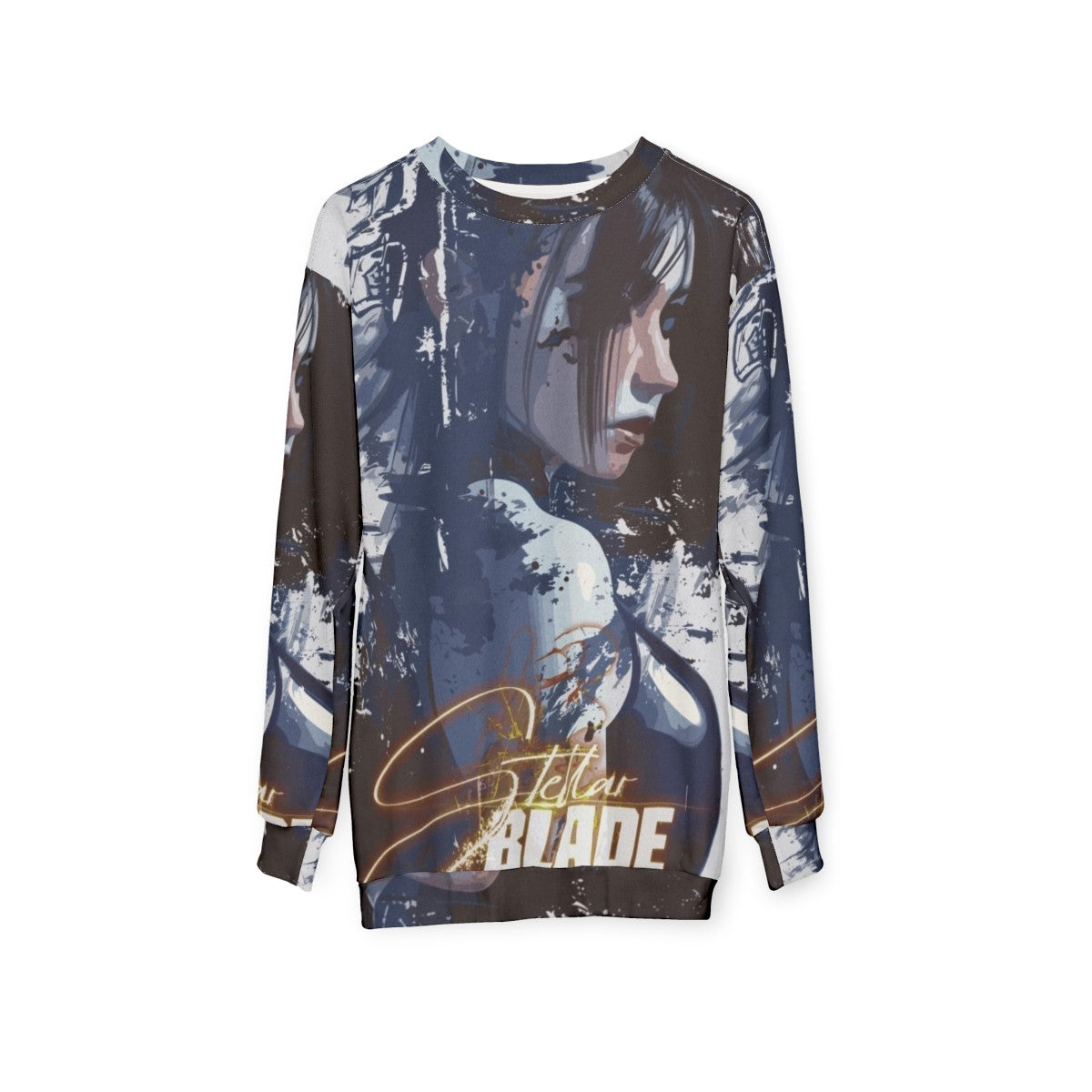 Stellar Blade character fanart on a grey sweatshirt - hanging