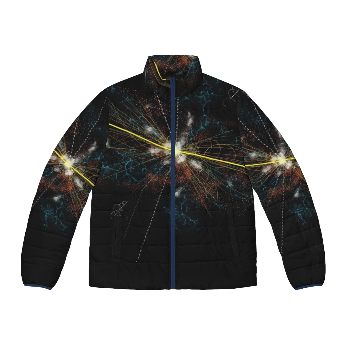 Higgs boson inspired puffer jacket with subatomic particle design