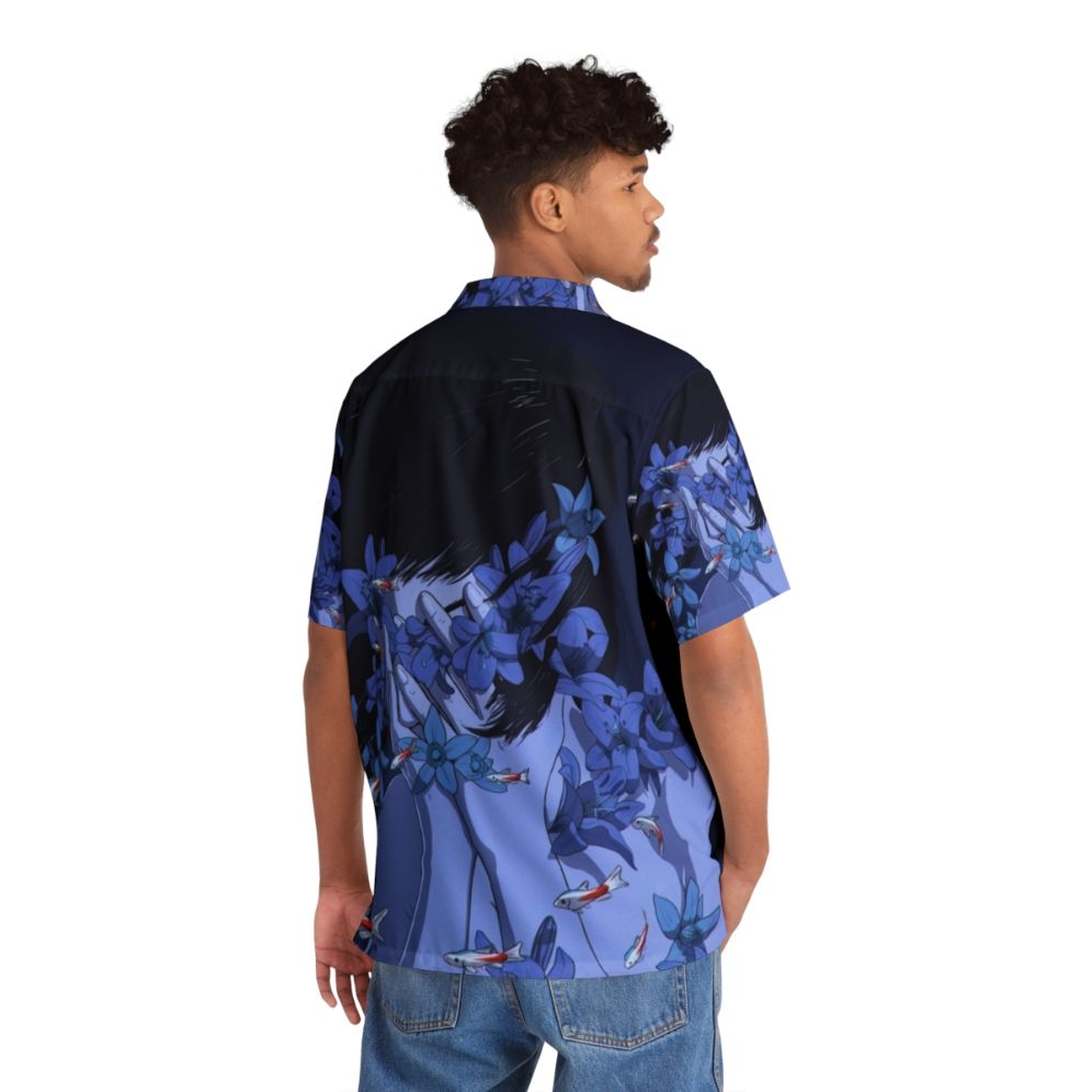 Retro blue Hawaiian shirt with anime-inspired cartoon design - People Back