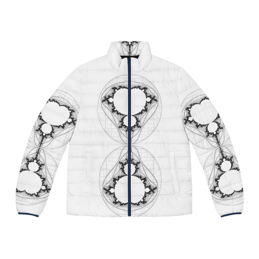 Black puffer jacket with linear Mandelbrot fractal design