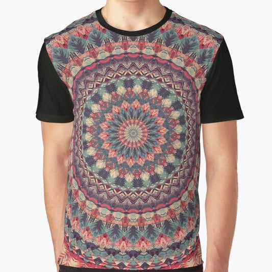 Colorful mandala and sacred geometry pattern graphic t-shirt design with boho, hippie, and spiritual elements.