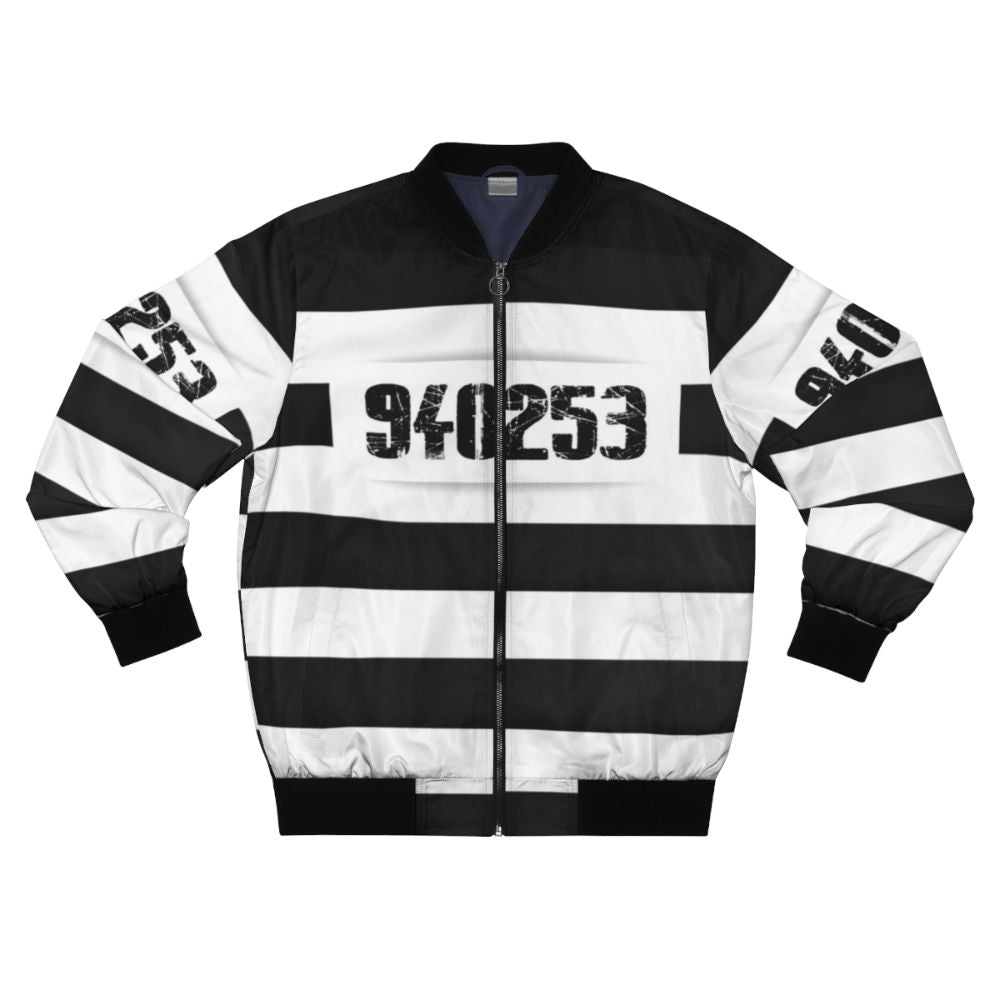 Prison stripes bomber jacket, a funny Halloween costume for inmates and bad guys.