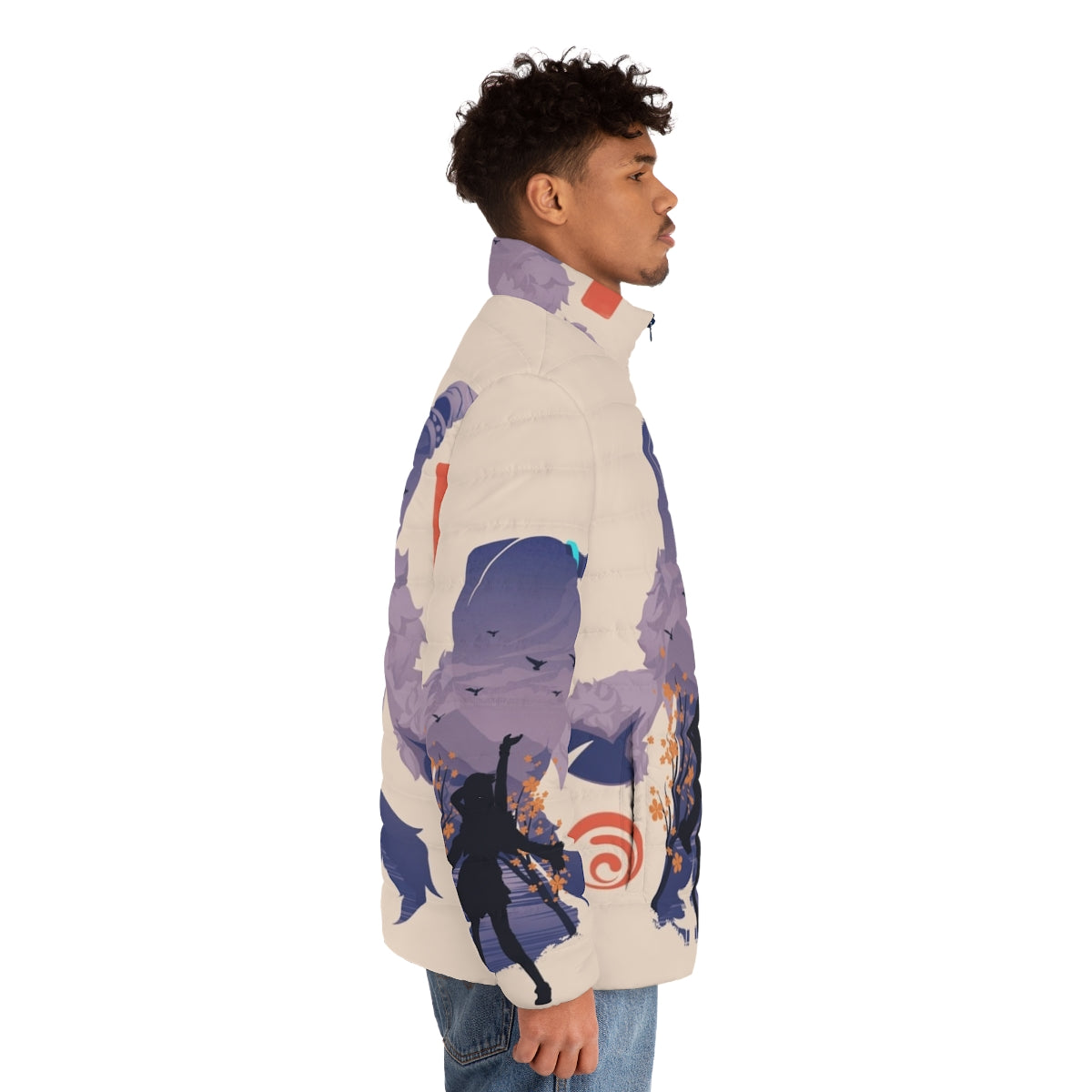 Umbrabilis Orchis puffer jacket with anime-inspired design - men side right