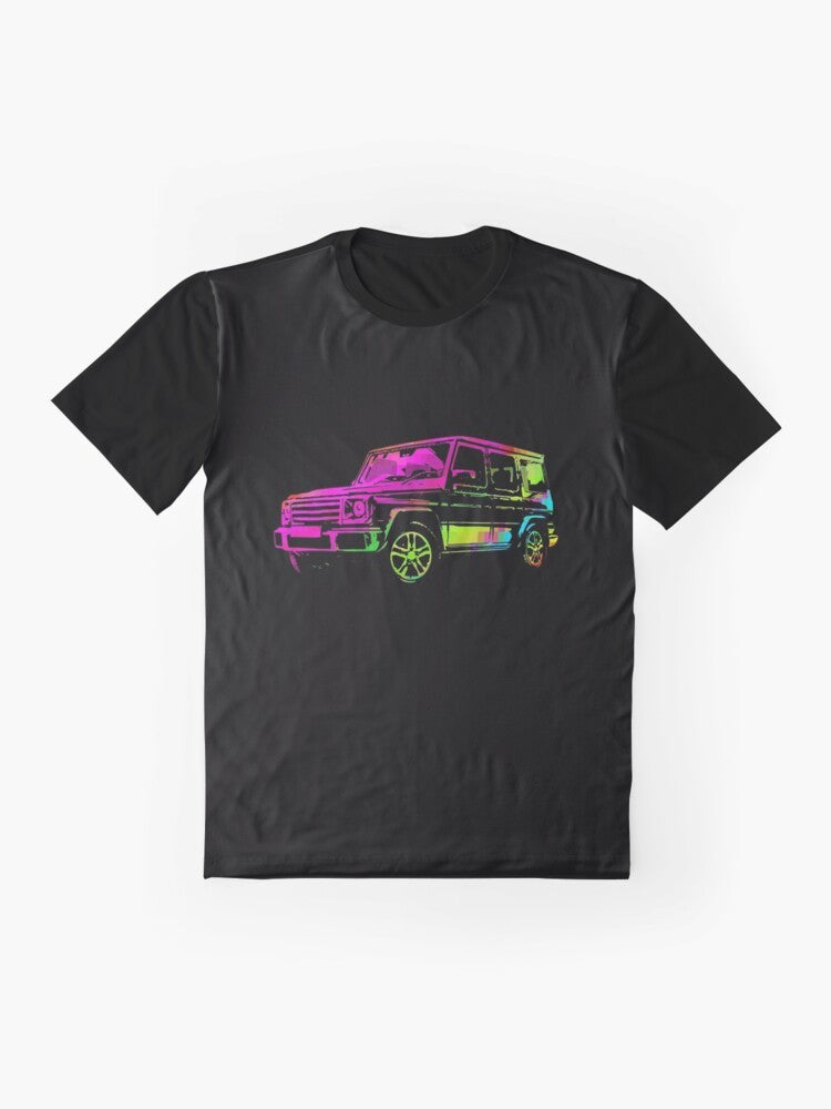 Graphic t-shirt featuring a vibrant, abstract and psychedelic design of a G-Wagon off-road luxury SUV. - Flat lay