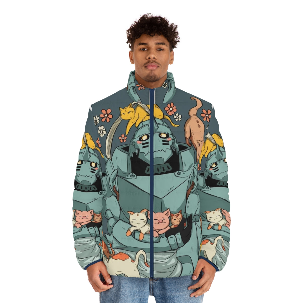 Fullmetal Alchemist inspired puffer jacket with anime graphics - men front