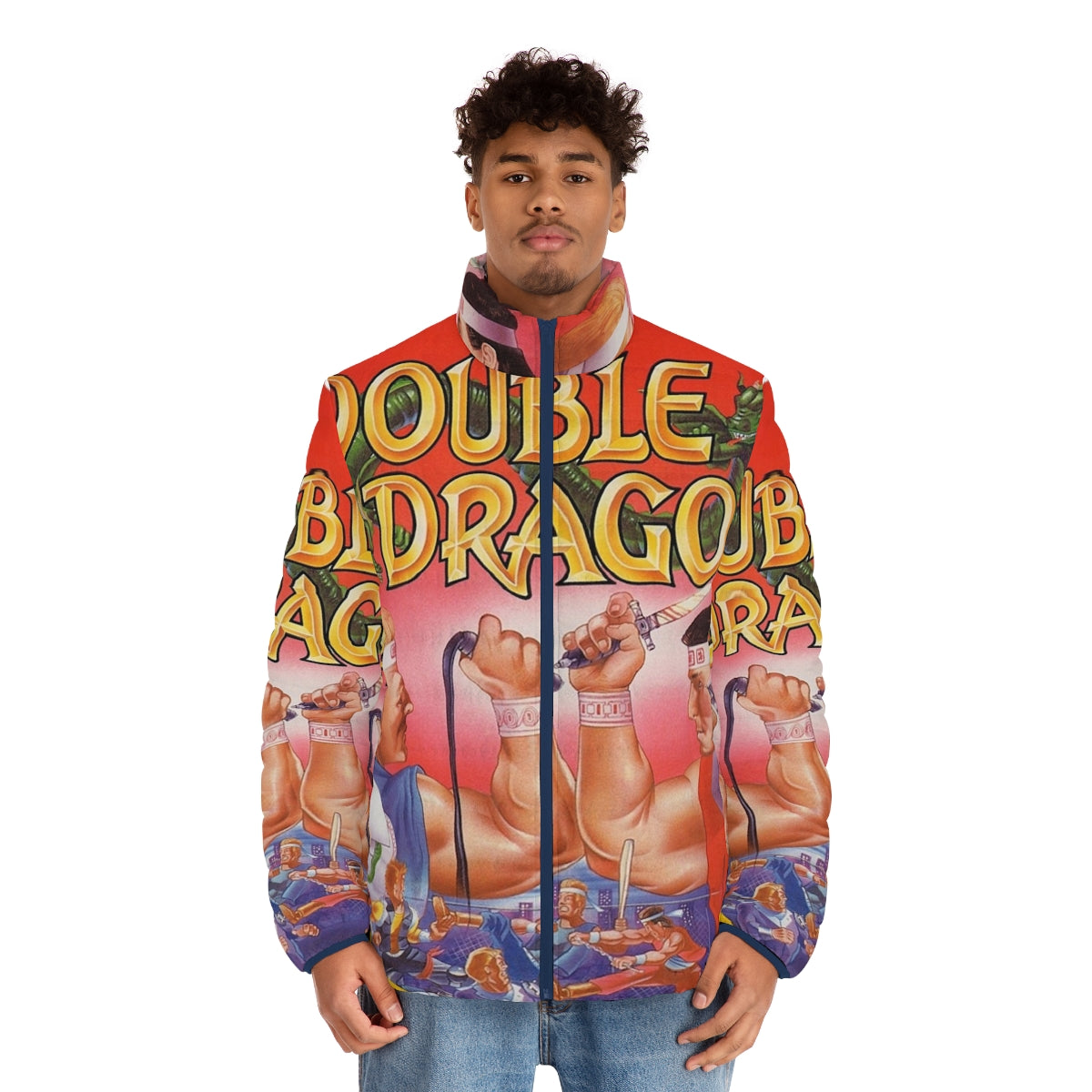 Double Dragon inspired puffer jacket with retro video game graphics - men front