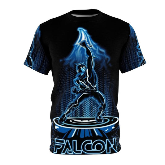 Vintage 80s inspired t-shirt with pop culture mashup design featuring Captain Falcon, Tron, and video game elements