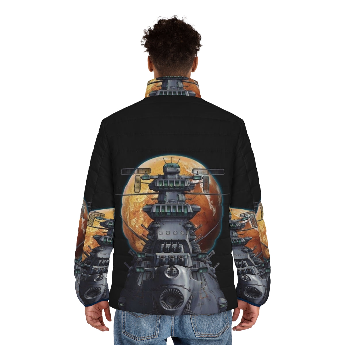 Retro puffer jacket featuring the iconic Battleship Yamato from the classic anime series - men back