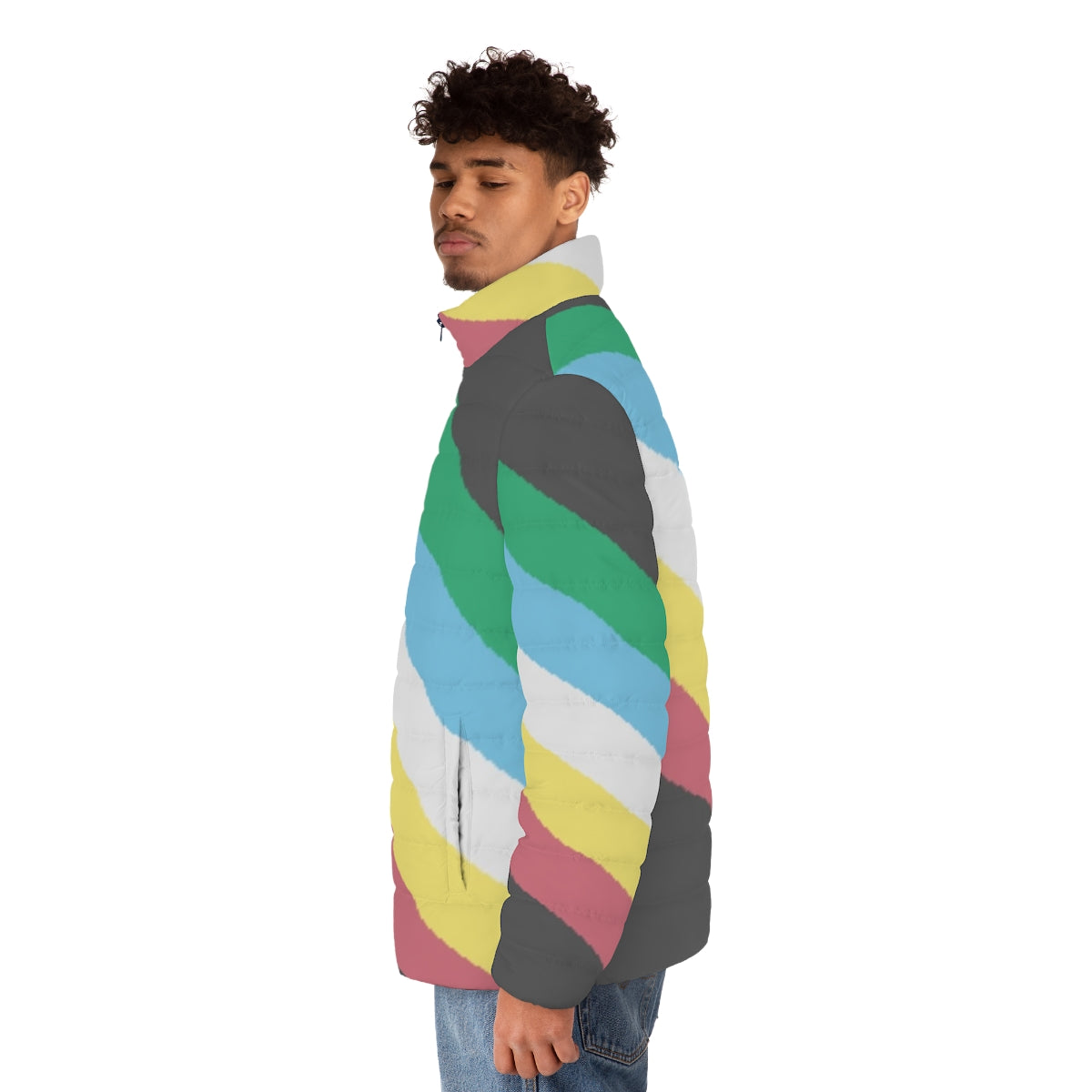 Disability Pride Flag Puffer Jacket with bold, colorful disability pride flag design - men side left