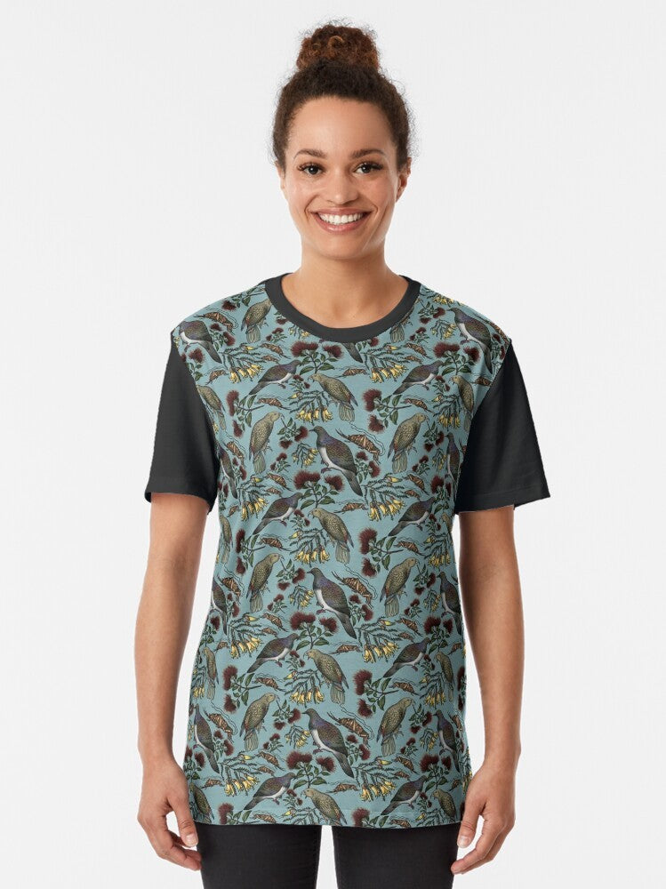 Kiwiana - Into the Forest (Moss) Graphic T-Shirt featuring New Zealand native birds and flora - Women