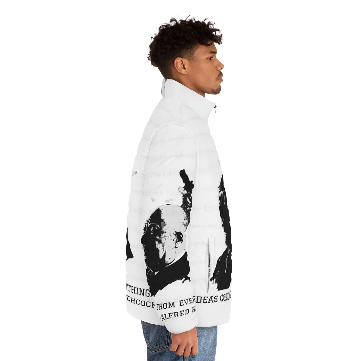 Alfred Hitchcock inspired puffer jacket with iconic illustration graphic - men side right