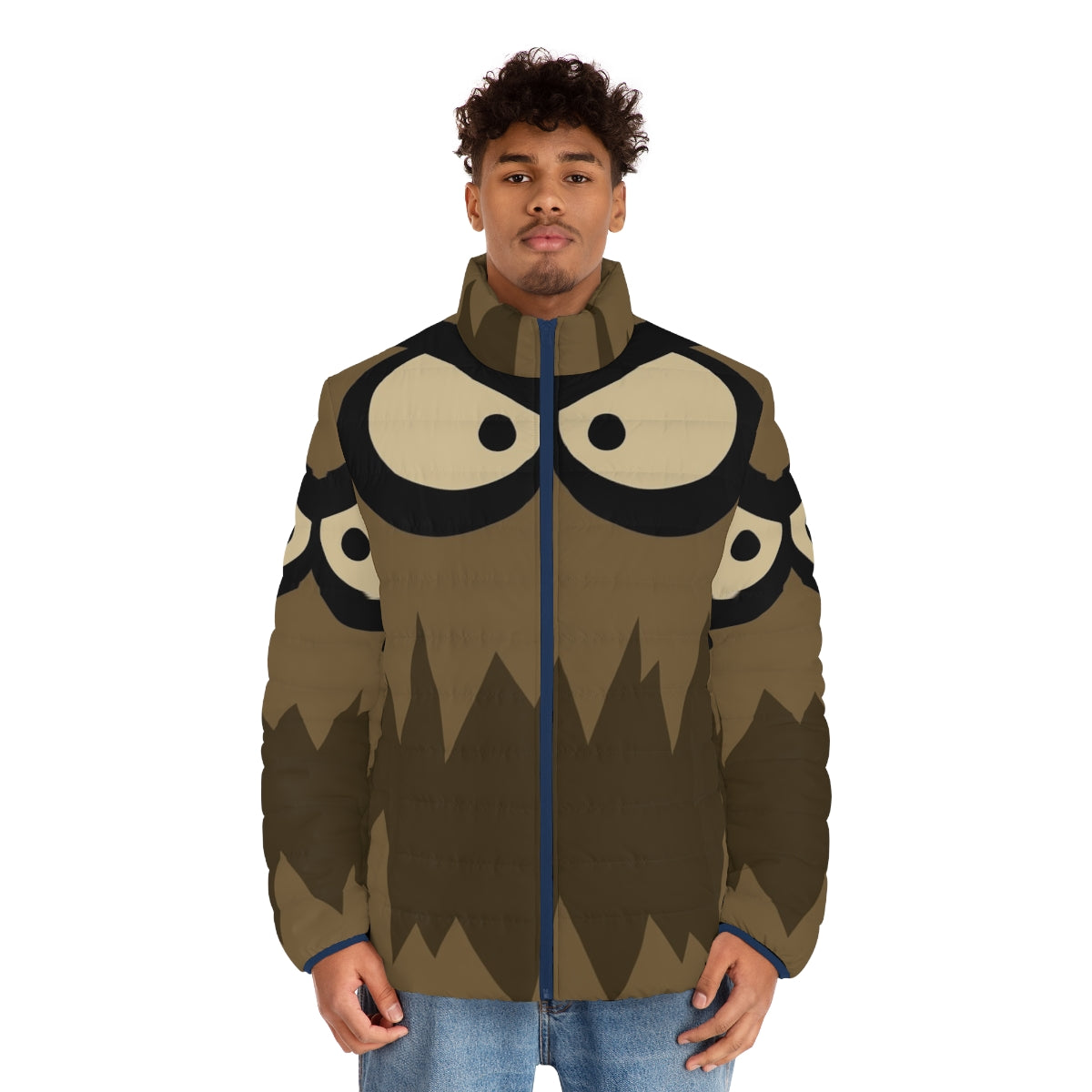 Spongebob inspired puffer jacket with Dirty Bubble cartoon face design - men front