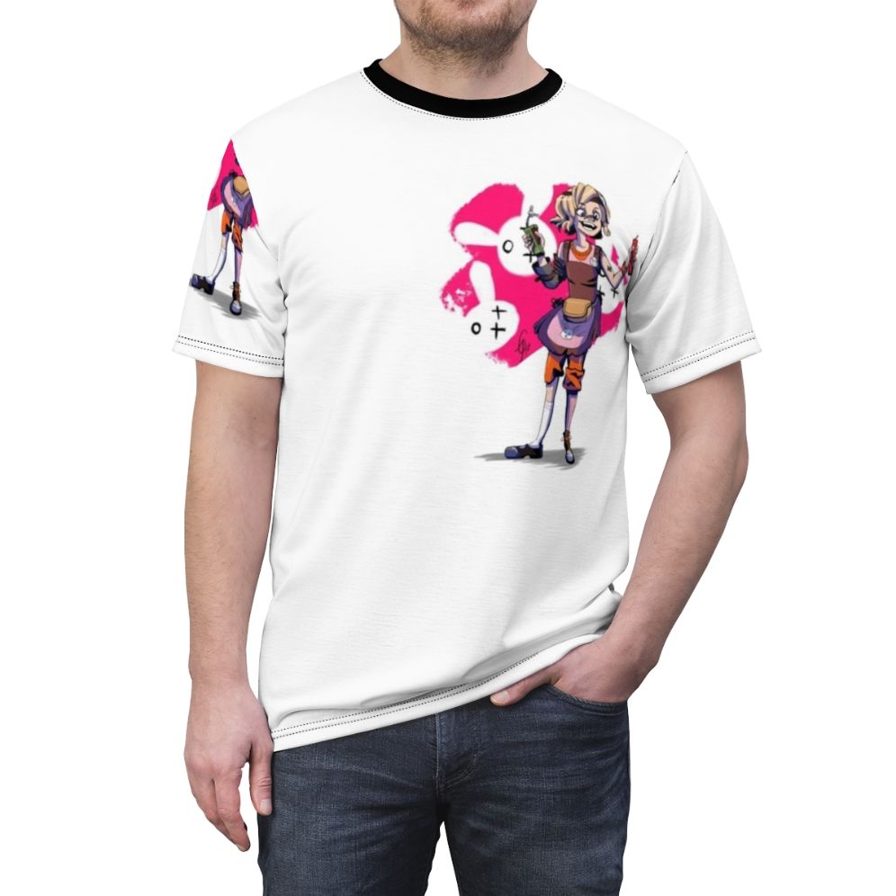 Borderlands 2 inspired graphic t-shirt featuring the character Tiny Tina in a cute and dangerous design - men front