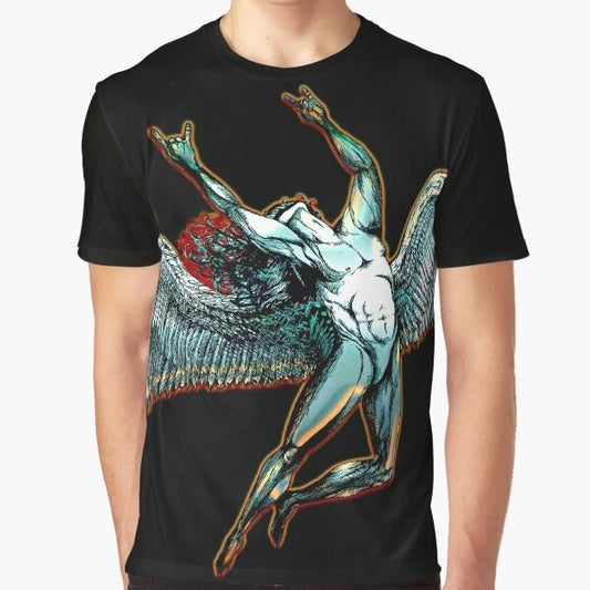 Graphic t-shirt design featuring Icarus from Greek mythology throwing the heavy metal 'horns' gesture against a dark, abstract background.