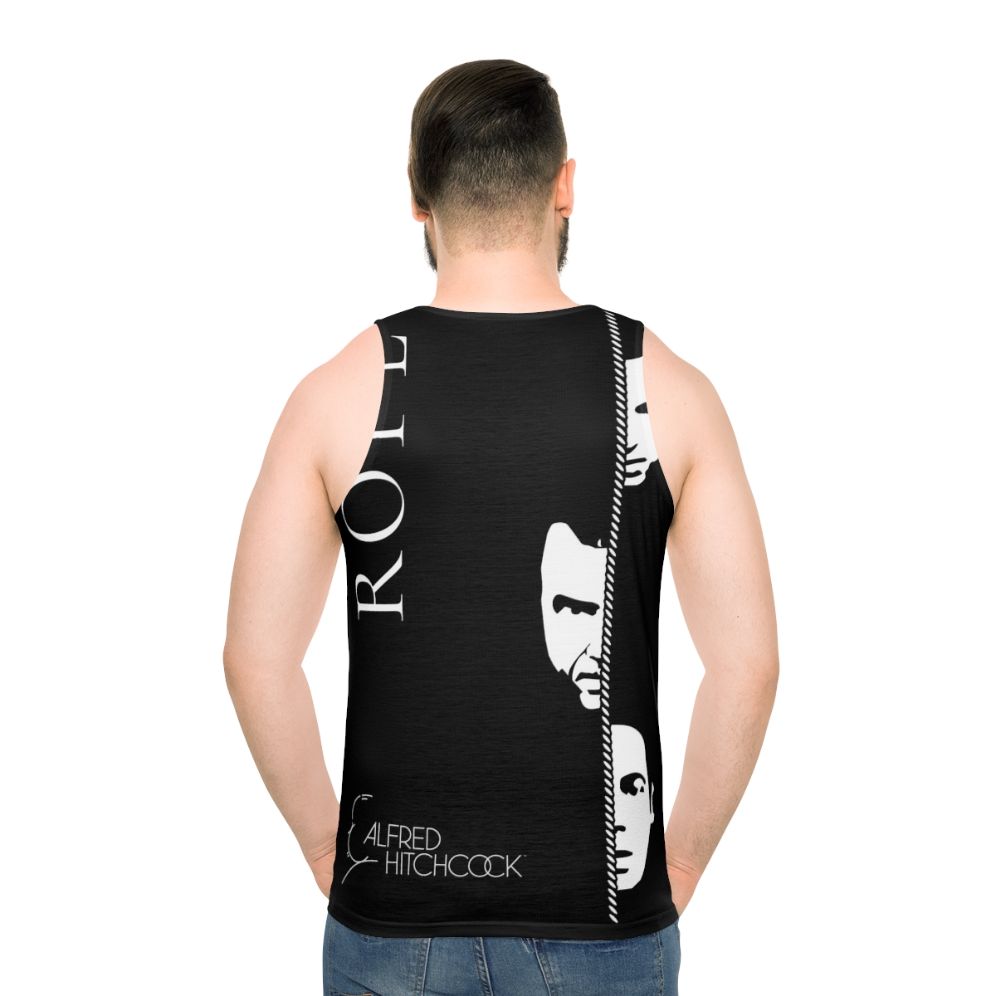 Vintage style unisex tank top featuring Alfred Hitchcock's Rope movie - men back