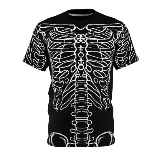 Skeleton rib cage design on a black t-shirt for dark fashion enthusiasts