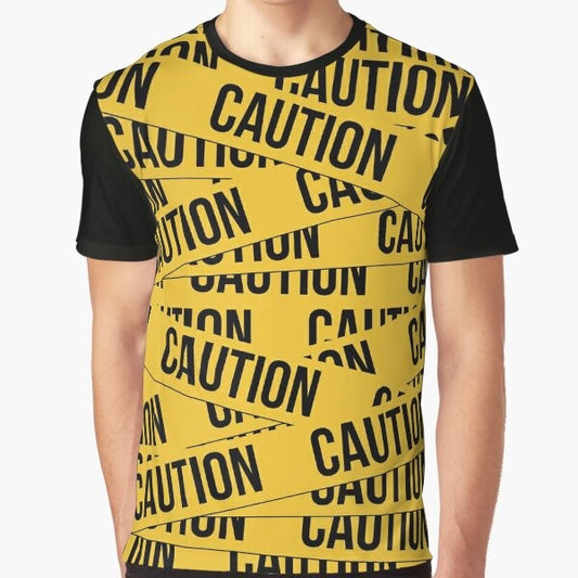 Caution graphic t-shirt with police tape, warning symbols, and law enforcement-related imagery