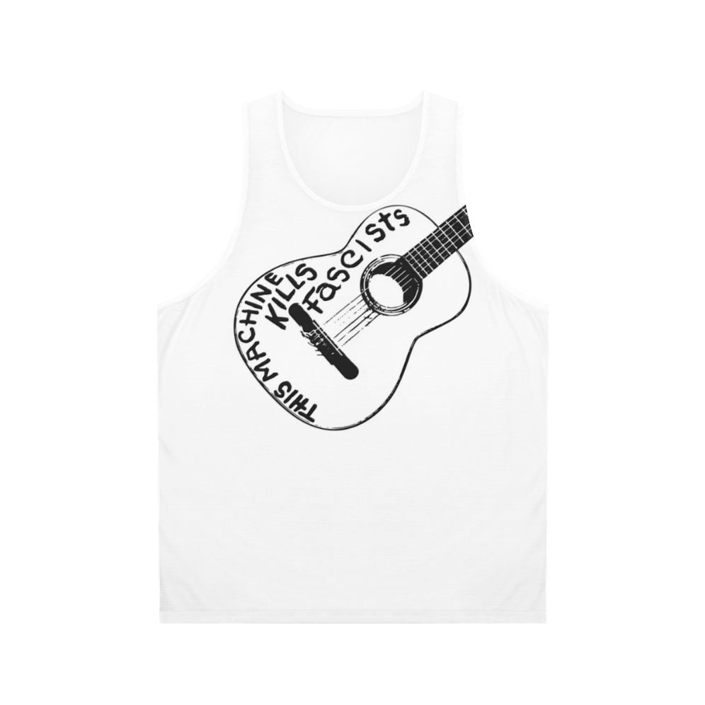 Unisex folk music tank top with "This Machine Kills Fascists" text