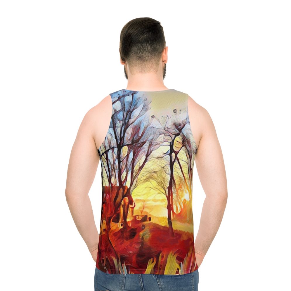 Unisex tank top with a serene mountain landscape and sunrise over trees design - men back