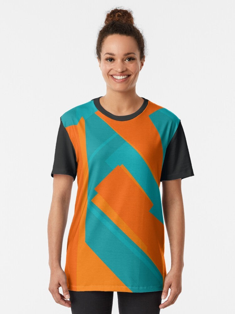 Teal and orange geometric abstract art graphic t-shirt - Women