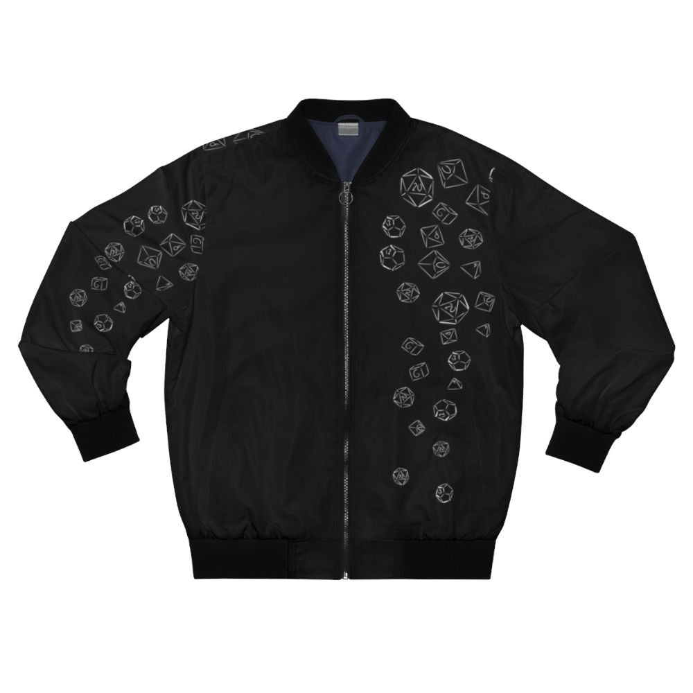 Dice bomber jacket with a gaming design, perfect for gamers and RPG enthusiasts.