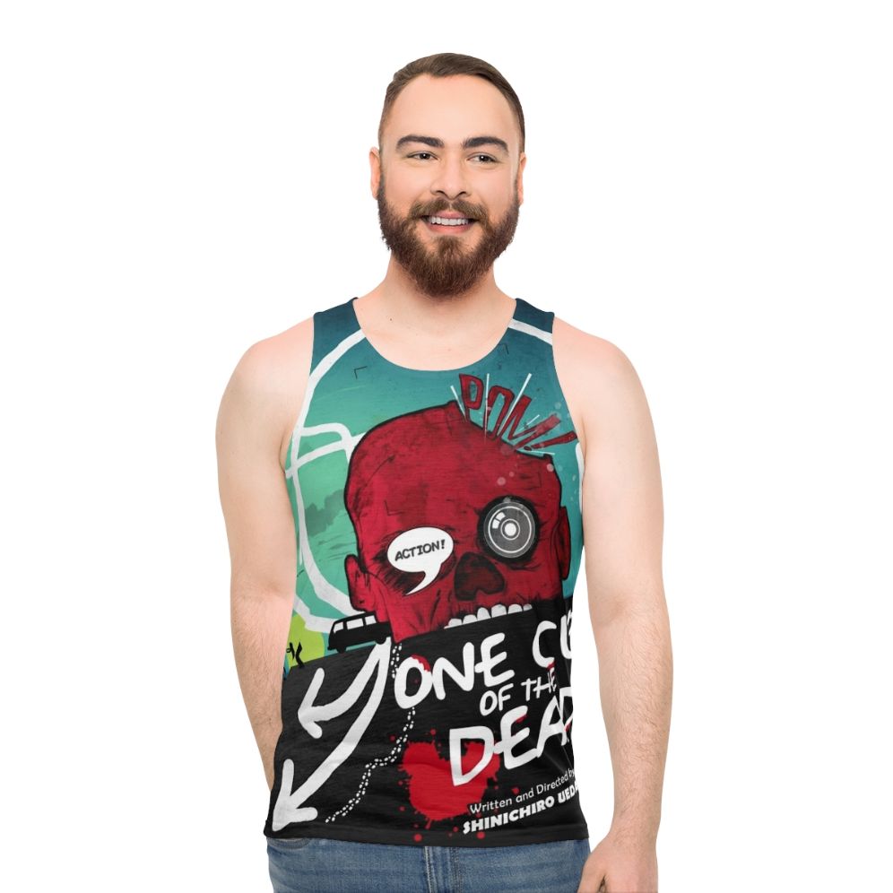 One Cut of the Dead unisex tank top featuring a zombies parody design - men