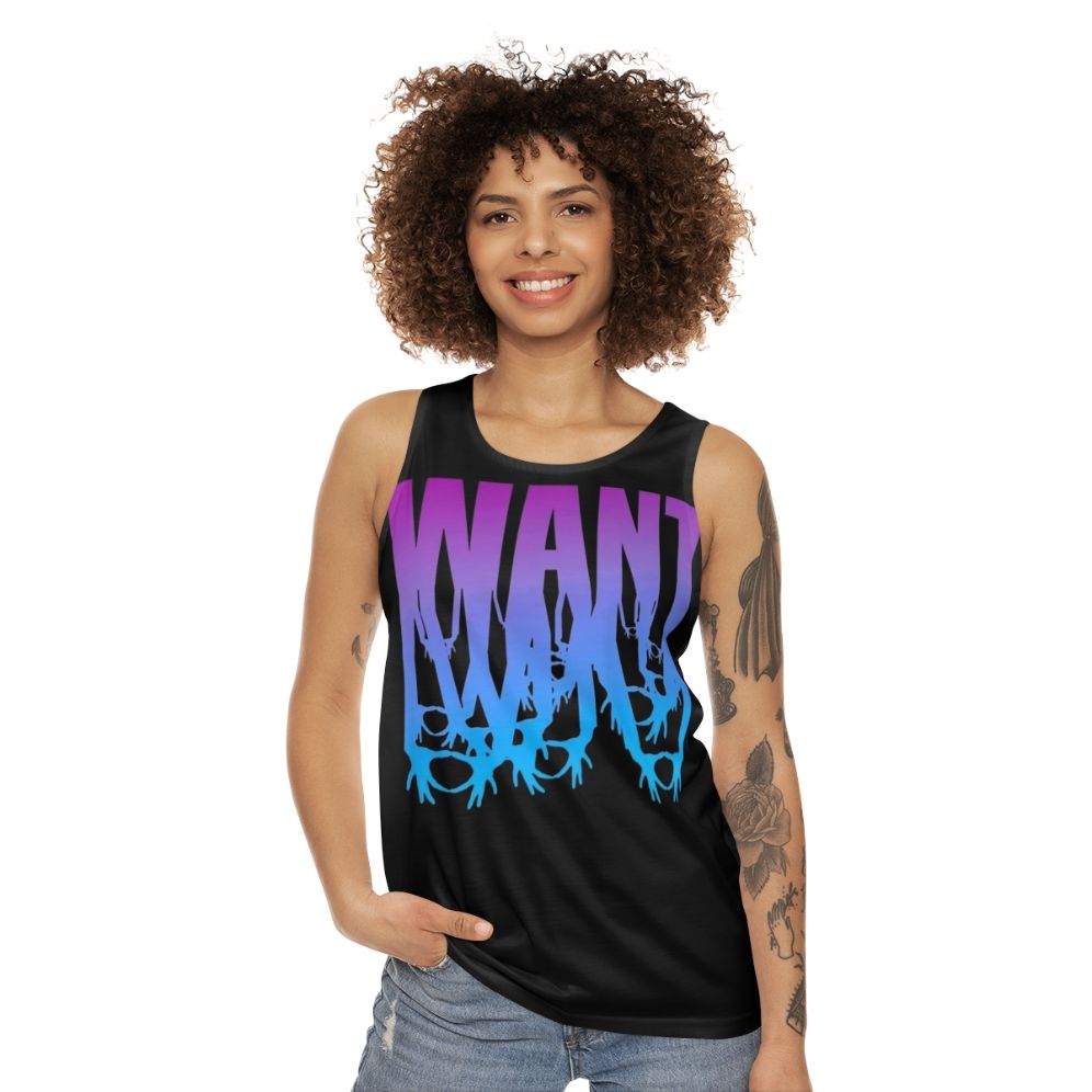 Unisex music fan tank top featuring 3oh3 band logo - women