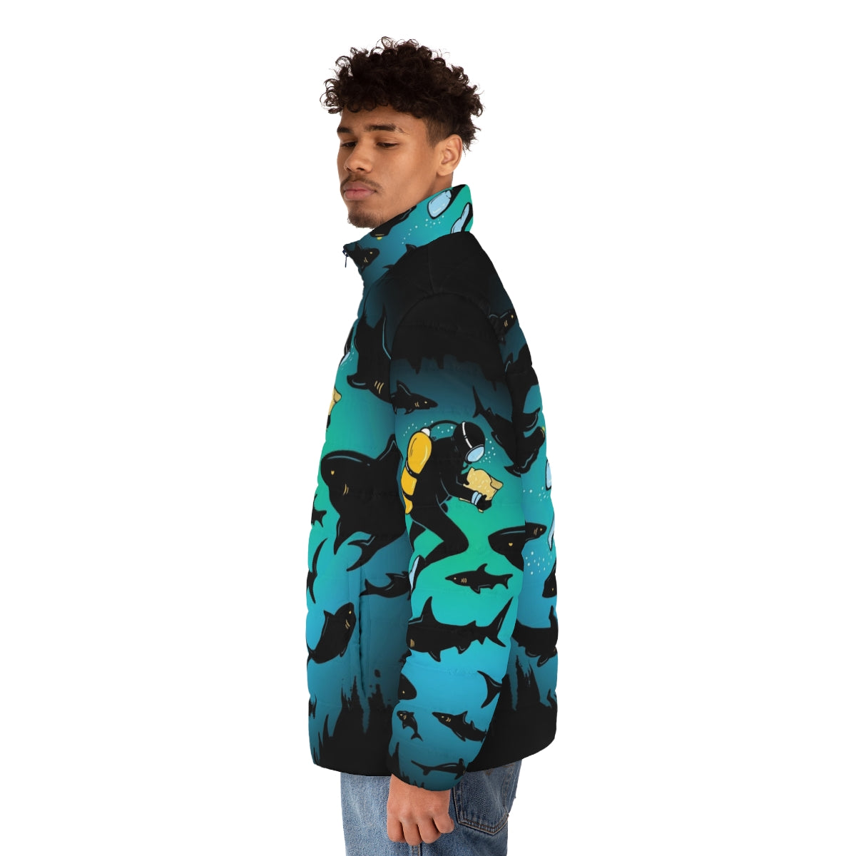 Puffer jacket with a screwed funny shark and diver illustration - men side left