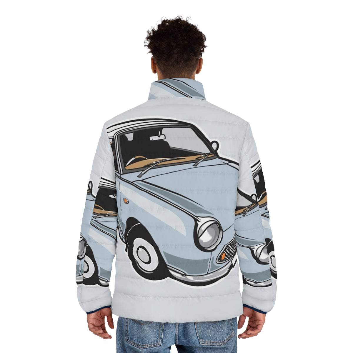 Pale aqua puffer jacket with Nissan Figaro car-inspired design - men back