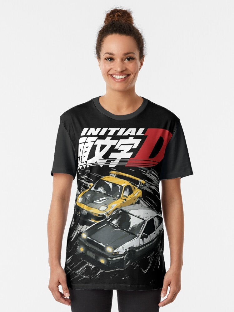 Graphic t-shirt featuring the iconic Initial D AE86 and FD RX-7 drifting cars - Women