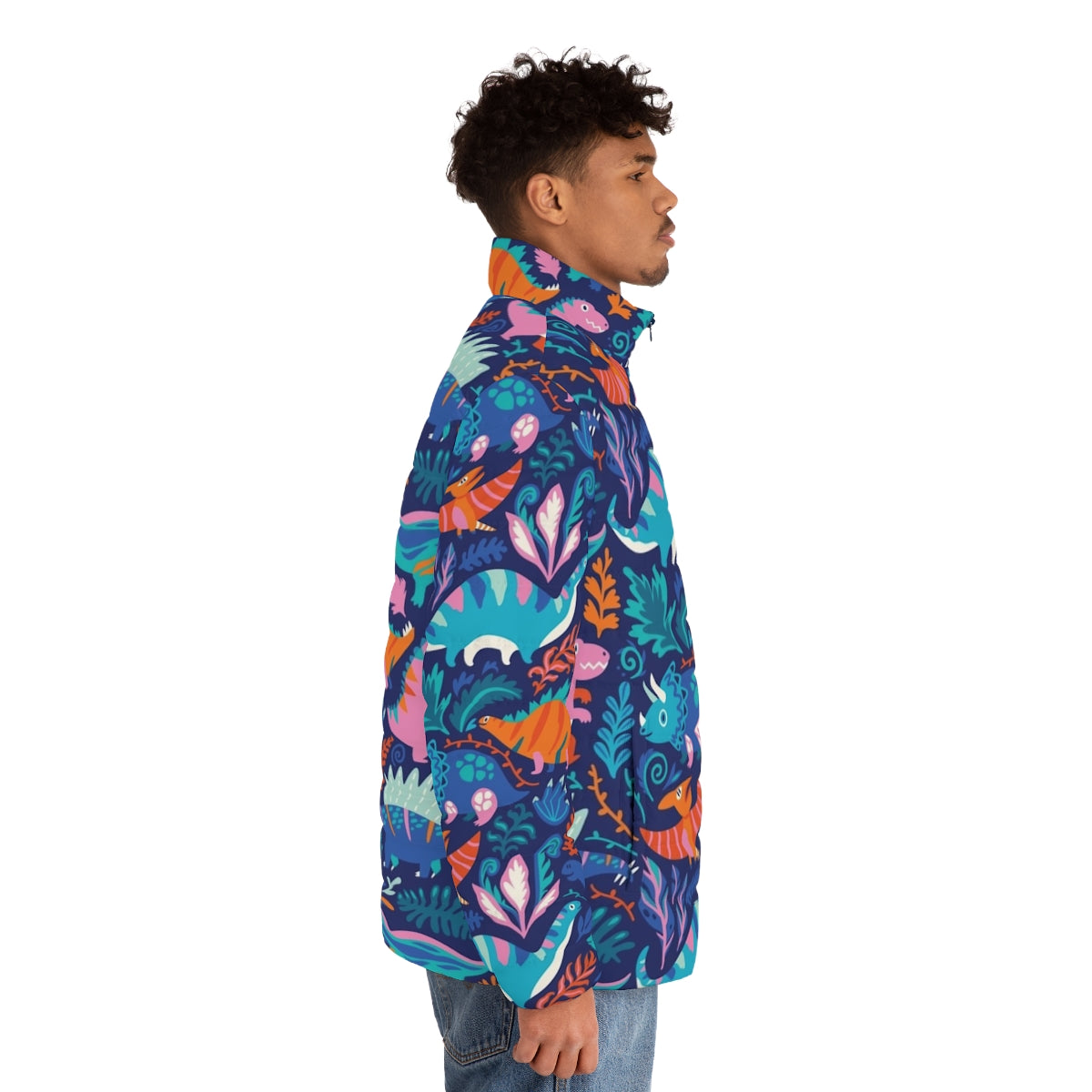 Dino Team 1 Puffer Jacket for children featuring a fun dinosaur graphic design - men side right