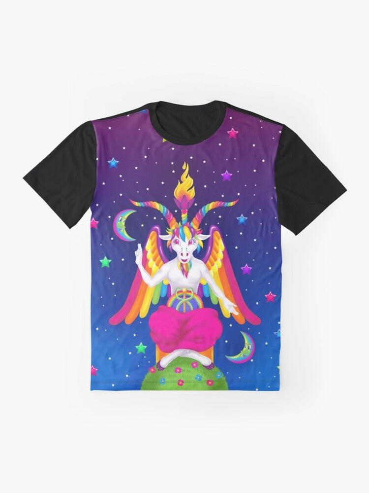 1990s neon rainbow graphic t-shirt with baphomet design - Flat lay