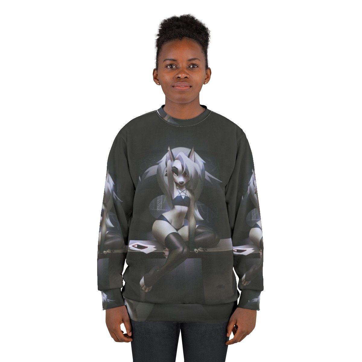 Demon girl wearing a stylish sweatshirt with anime-inspired design - women