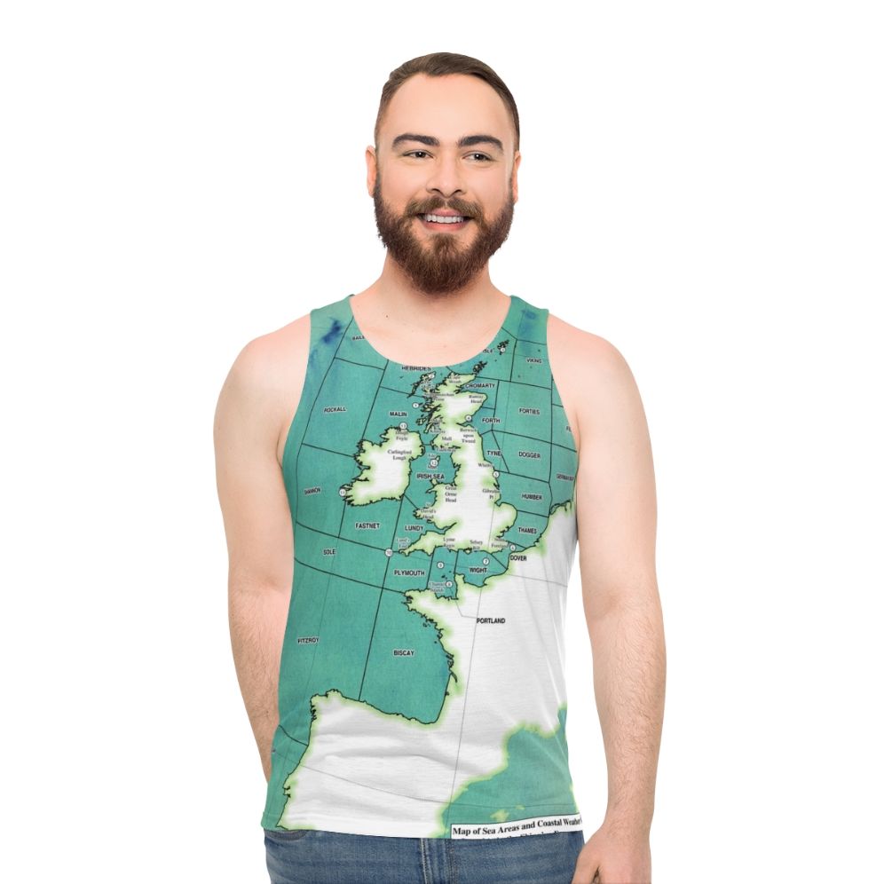 Unisex tank top featuring a shipping forecast map design - men