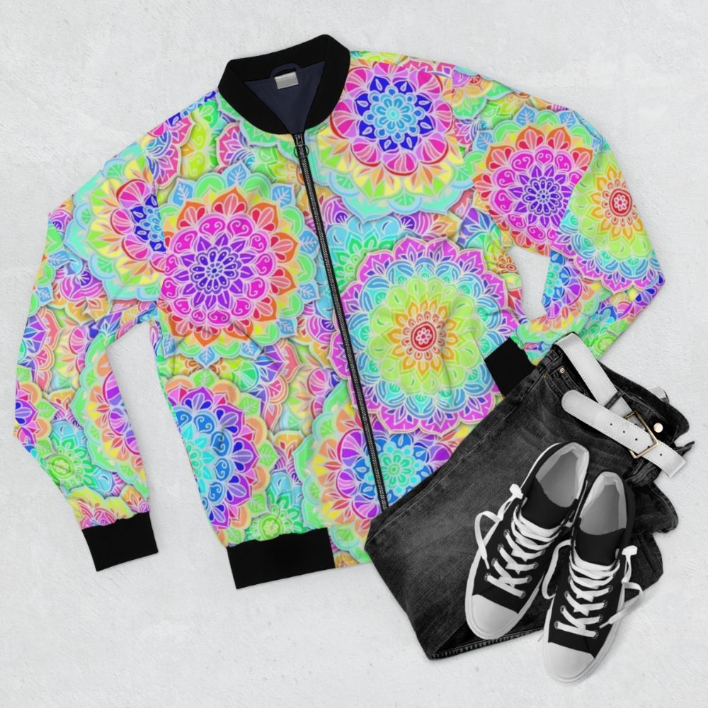 Psychedelic summer bomber jacket with boho mandala design in bright, colorful neon shades - Flat lay