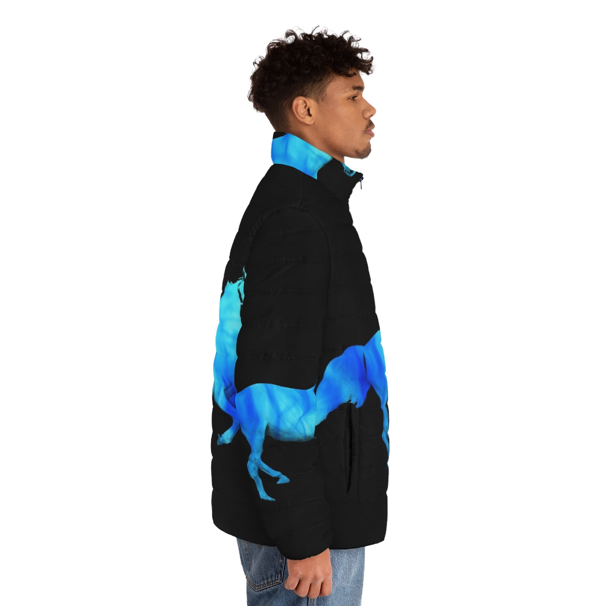 Flaming horse puffer jacket with a stallion graphic and vibrant blue color - men side right