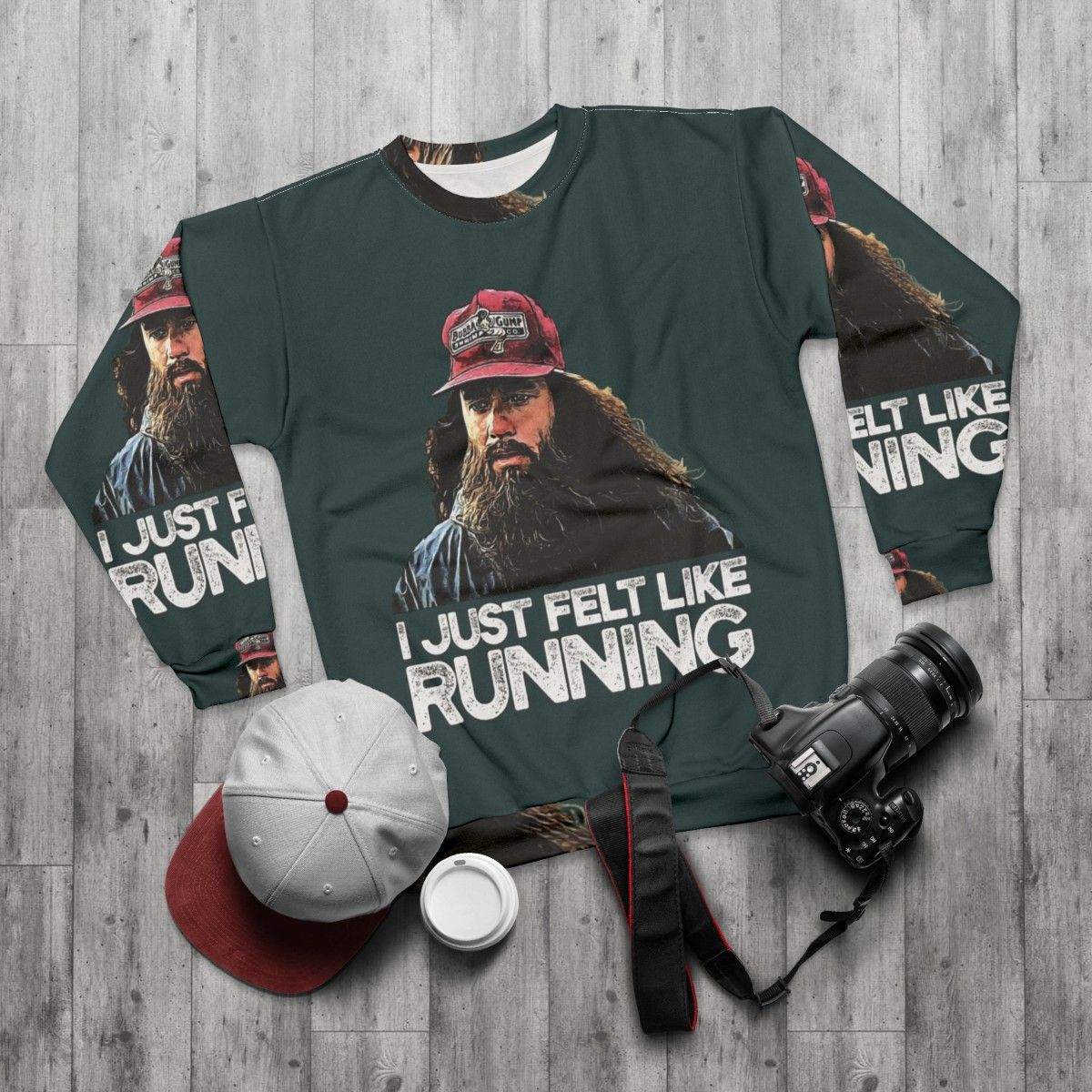 "I Just Felt Like Running" Forrest Gump inspired graphic on a cozy sweatshirt - flat lay