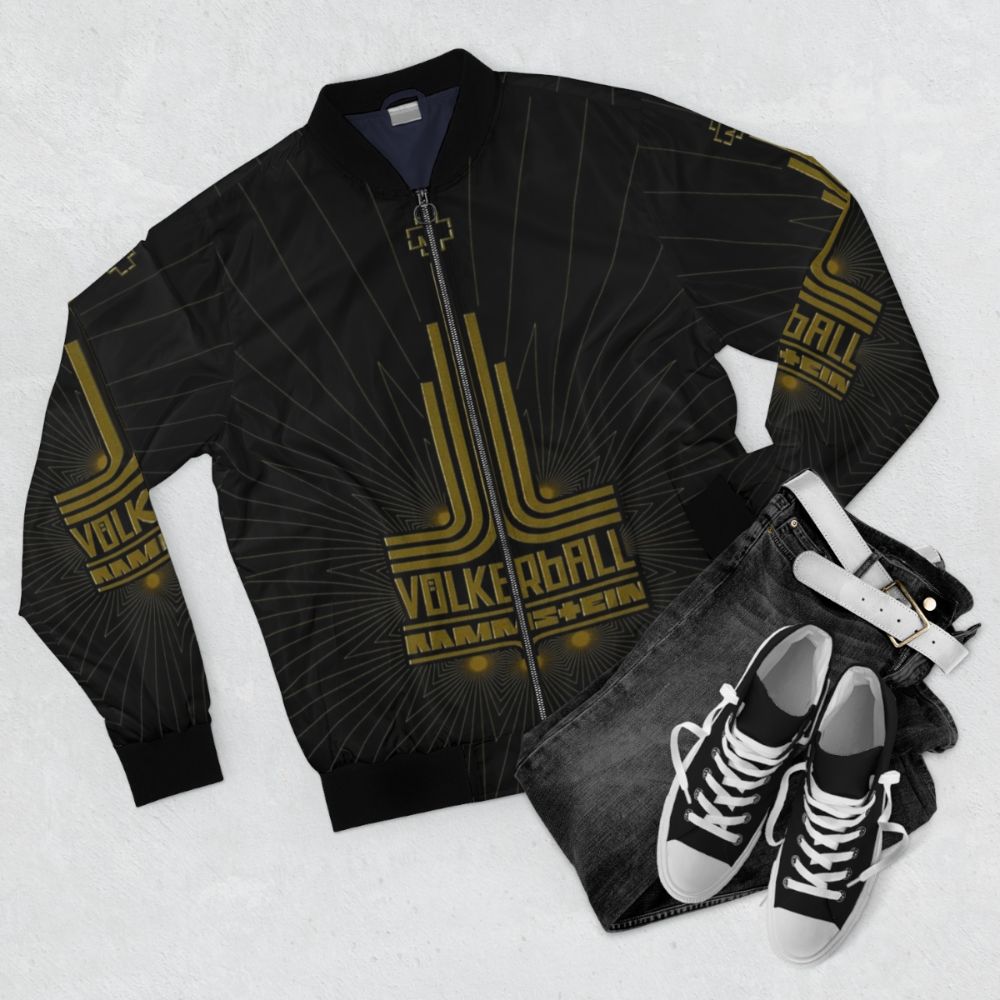 Rammstein inspired bomber jacket featuring album artwork from the band's discography - Flat lay