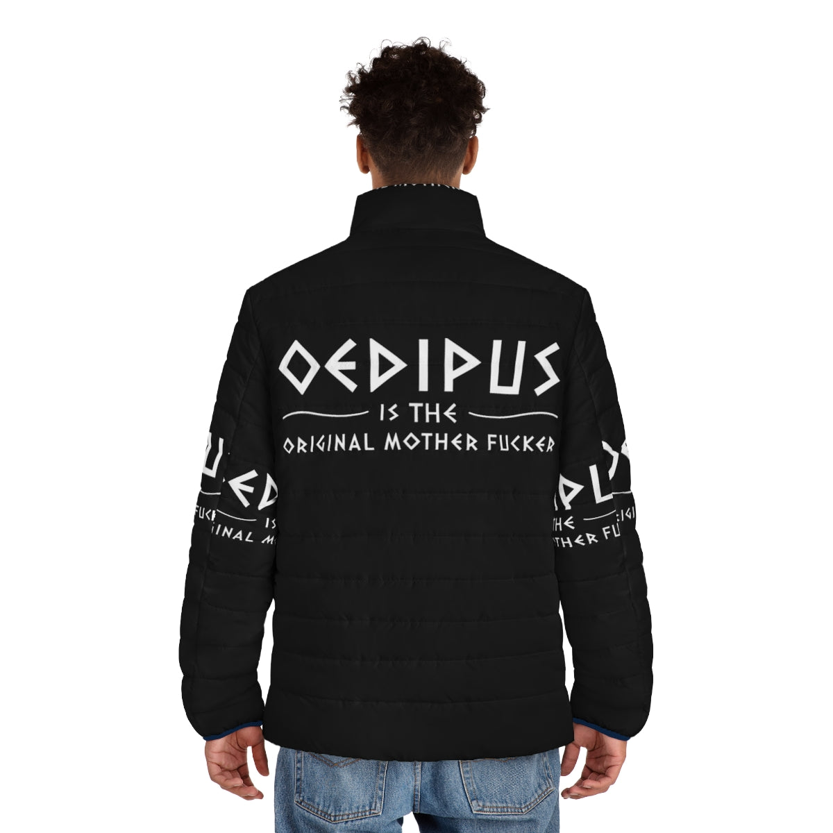 Oedipus puffer jacket, a legendary Greek king wearing a stylish and warm outerwear design. - men back