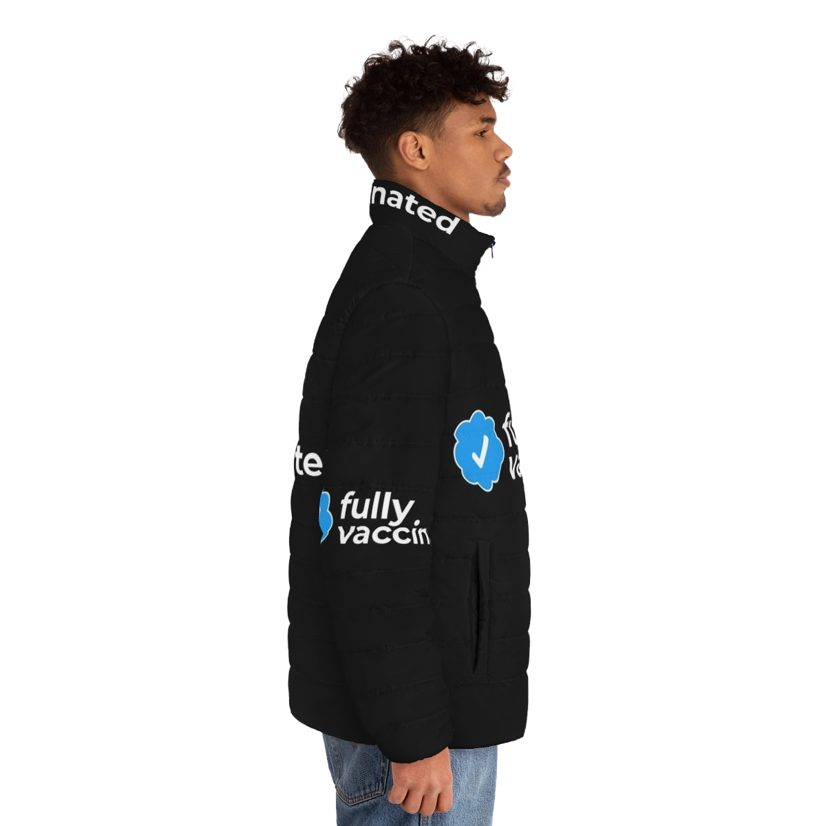 Fully vaccinated person wearing a puffer jacket with COVID-19 vaccination message - men side right