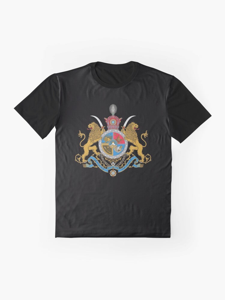 Graphic t-shirt featuring the imperial coat of arms of Iran under the Pahlavi dynasty - Flat lay