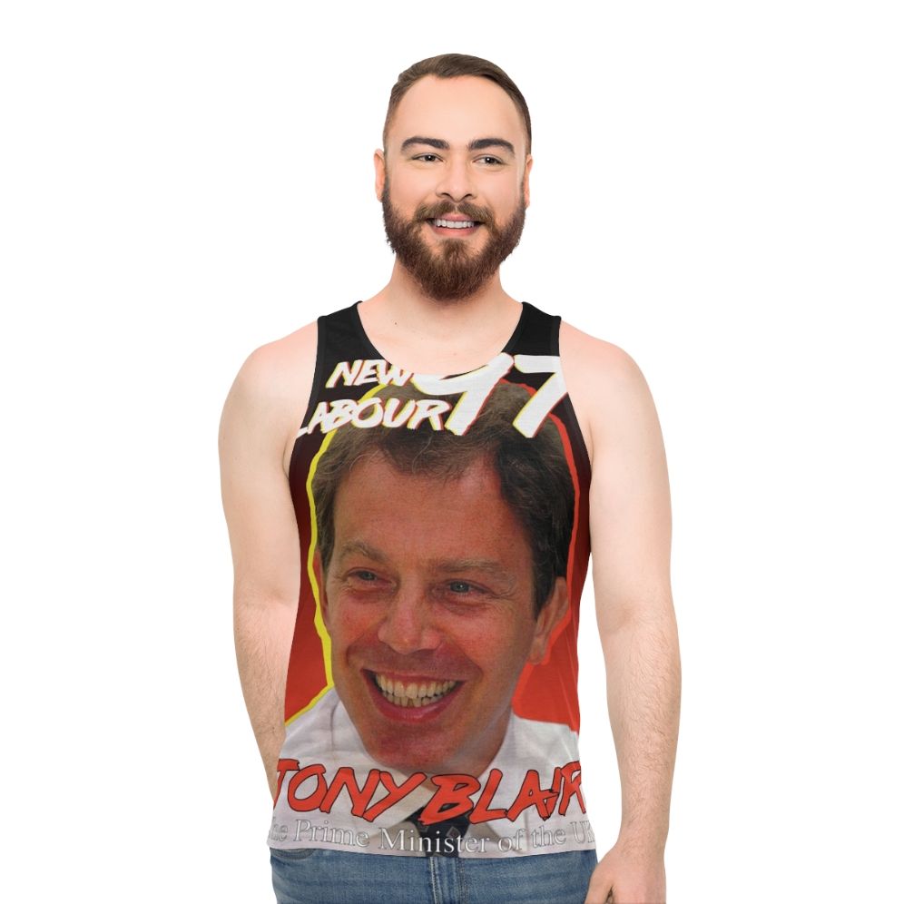 Vintage style unisex tank top with Tony Blair and Labour Party imagery - men