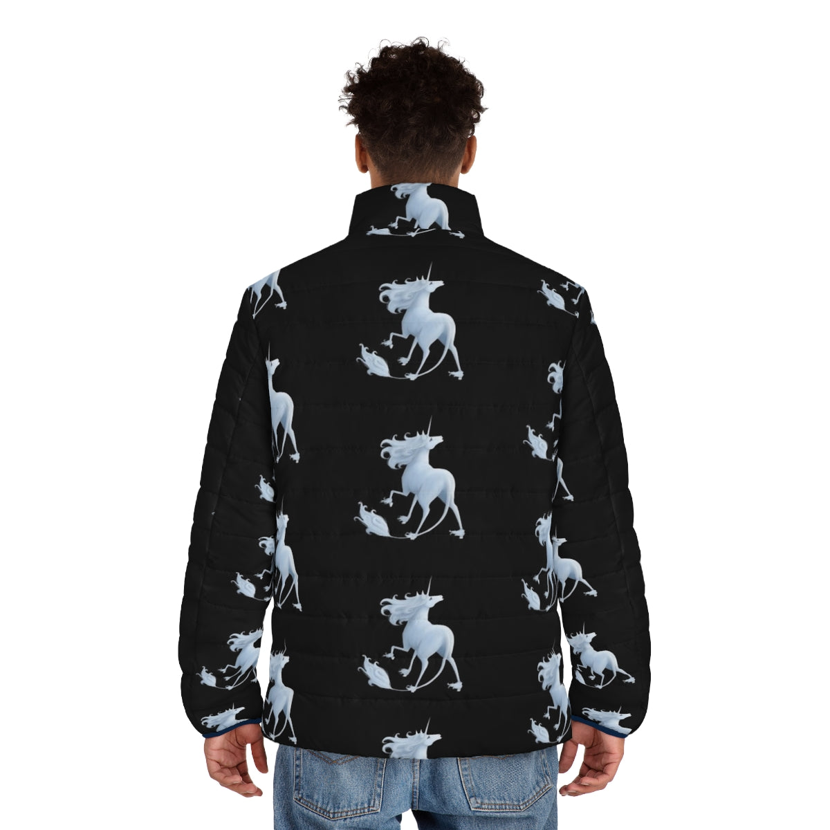 "The Last Unicorn" puffer jacket featuring dark, pastel, and gothic unicorn designs - men back