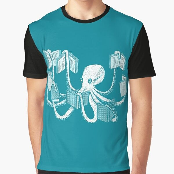 An illustration of an octopus reading a book, with the text "Octopus Reading Book Graphic T-Shirt for Book Lovers".