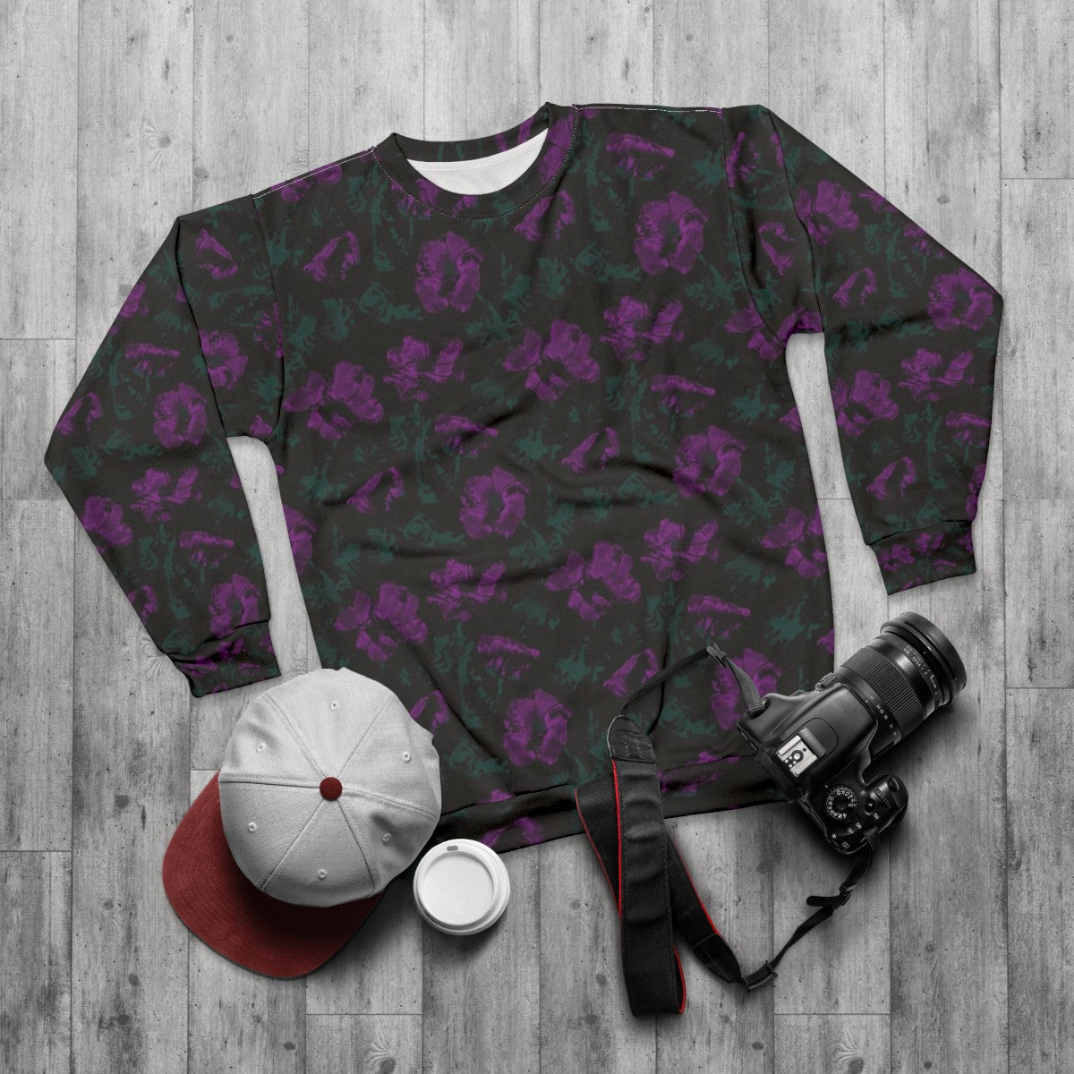 Purple flowers on black background floral sweatshirt - flat lay