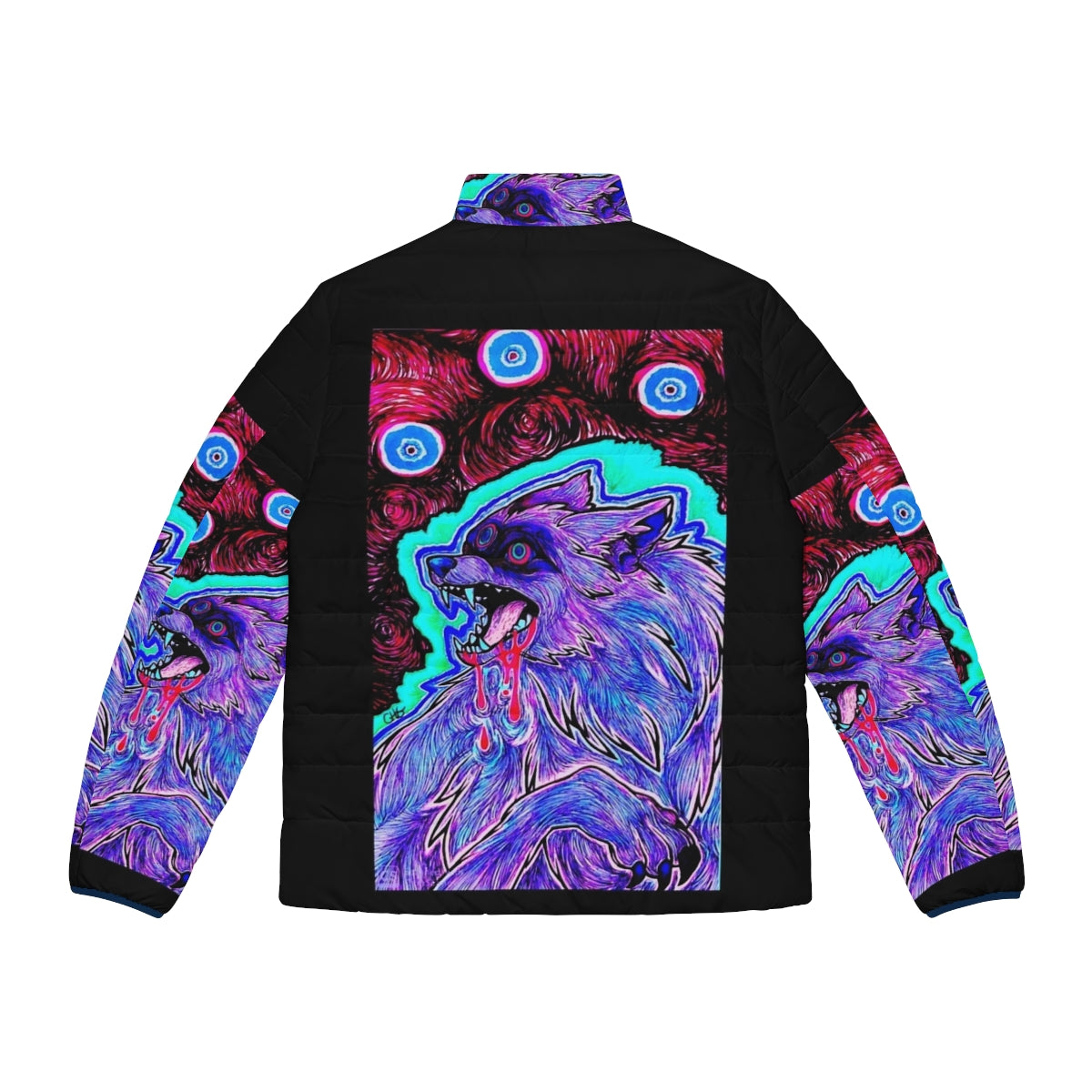 Psychedelic puffer jacket with surreal animal head design - Back