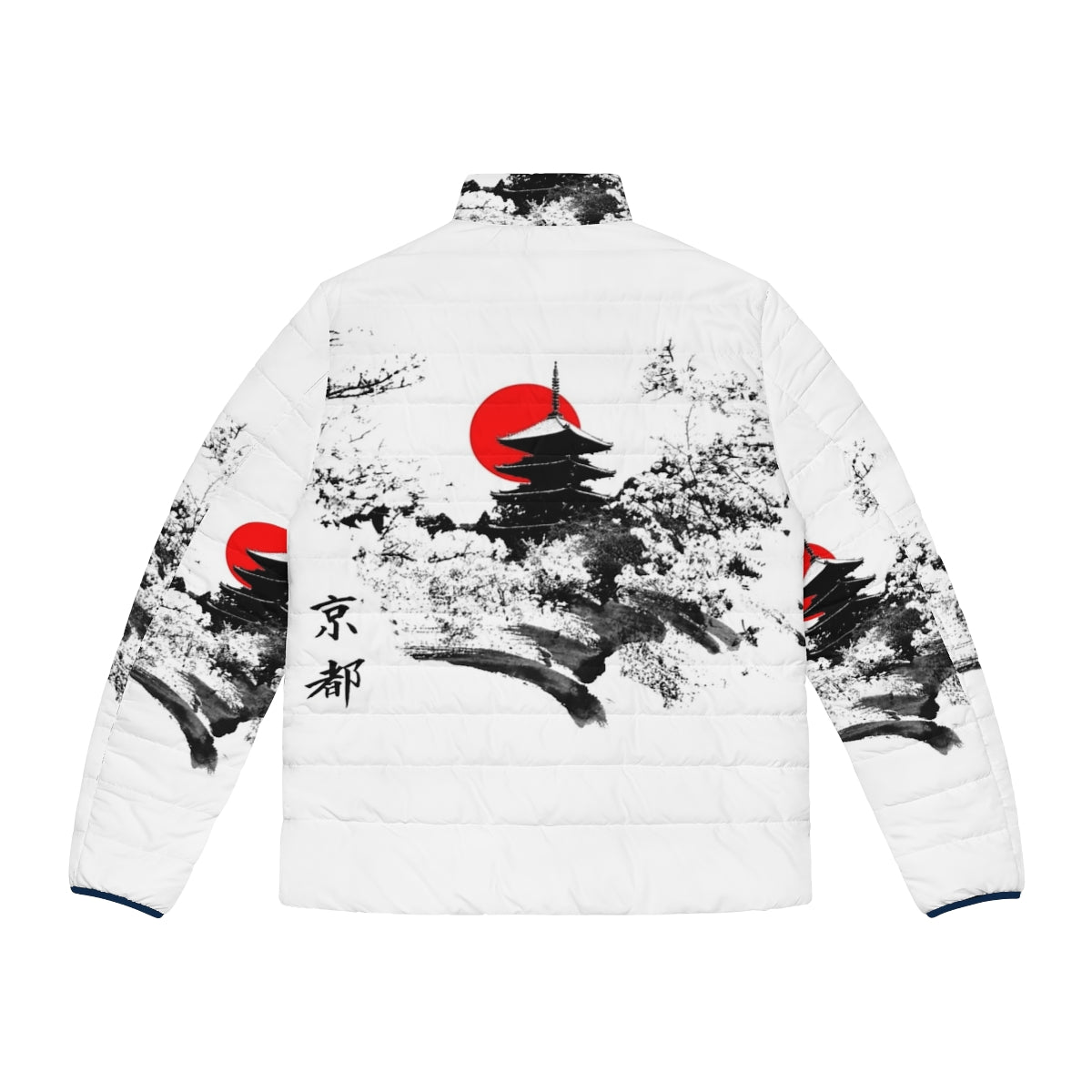 Japan Kyoto Puffer Jacket with Japanese Landmarks and Fashion Icons - Back