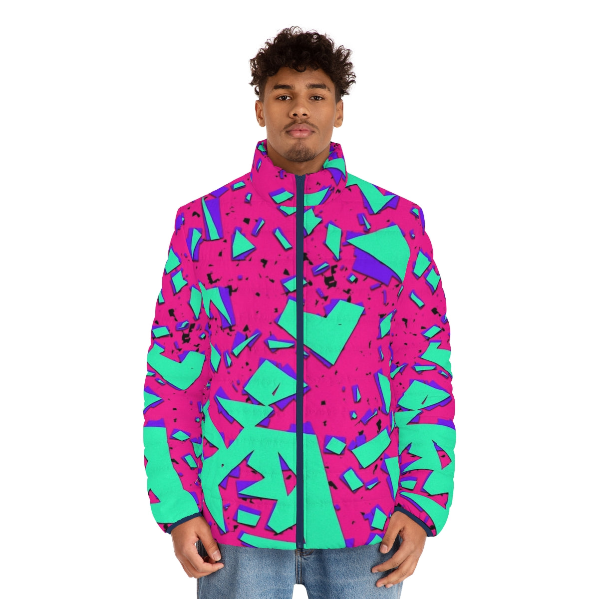 Teal and pink 90s inspired abstract geometric pattern puffer jacket - men front